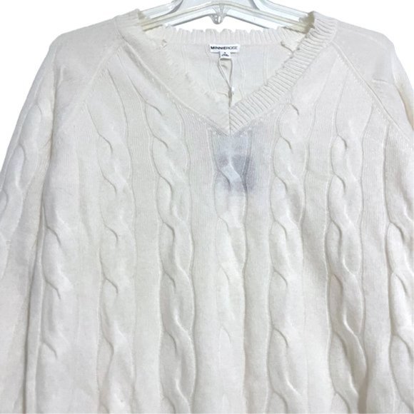 NEW Minnie Rose Cashmere V-Neck Frayed Edges Cable Knit Sweater - Picture 9 of 12